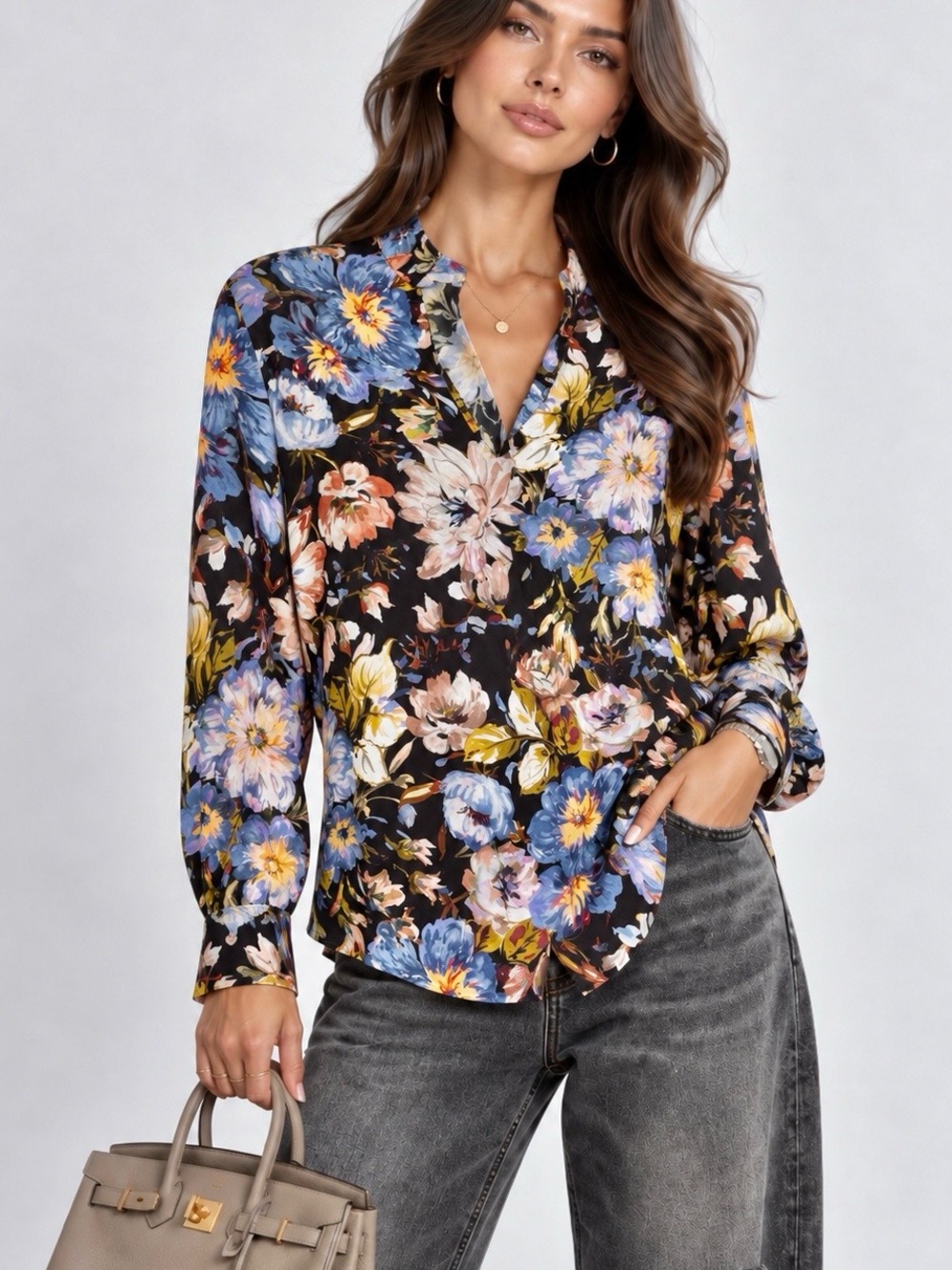 Karen Kane Floral Blouse M Black Blue Pink 100% Viscose Silk Feel V-Neck Y2K - Picture 1 of 15